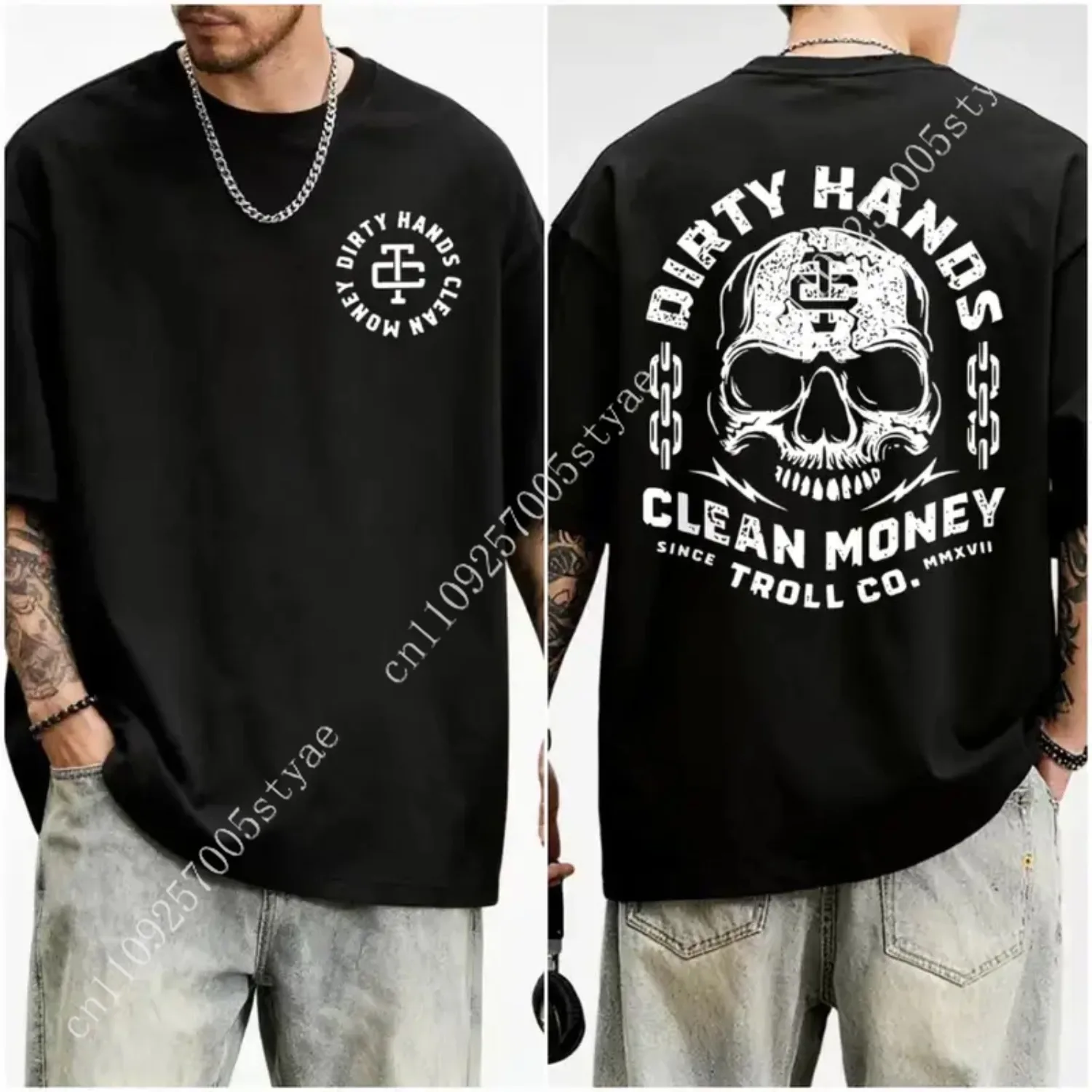Dirty Hand Clean Money Golden Skull 2-Sided T-Shirt, Workwear Graphic Tee, Blue Collar Gifts, Men's Casual T-Shirt, for Men
