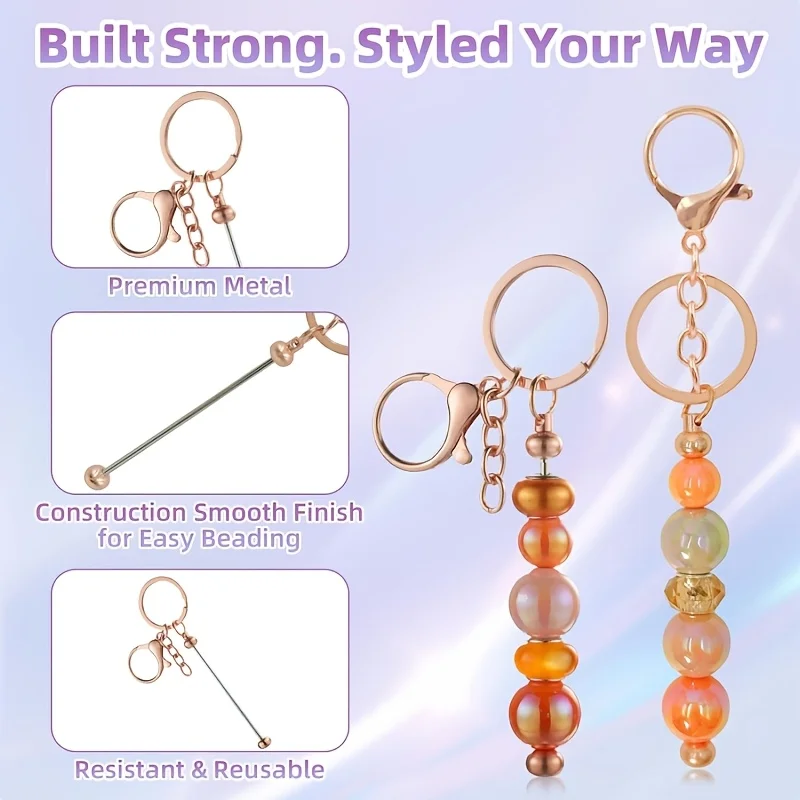 For Daily 16pcs Economical Wholesale Stylish Keychain Making Set Blank Bead Rod Jewelry Accessories Car Key Pendant Decor Gift - view 6