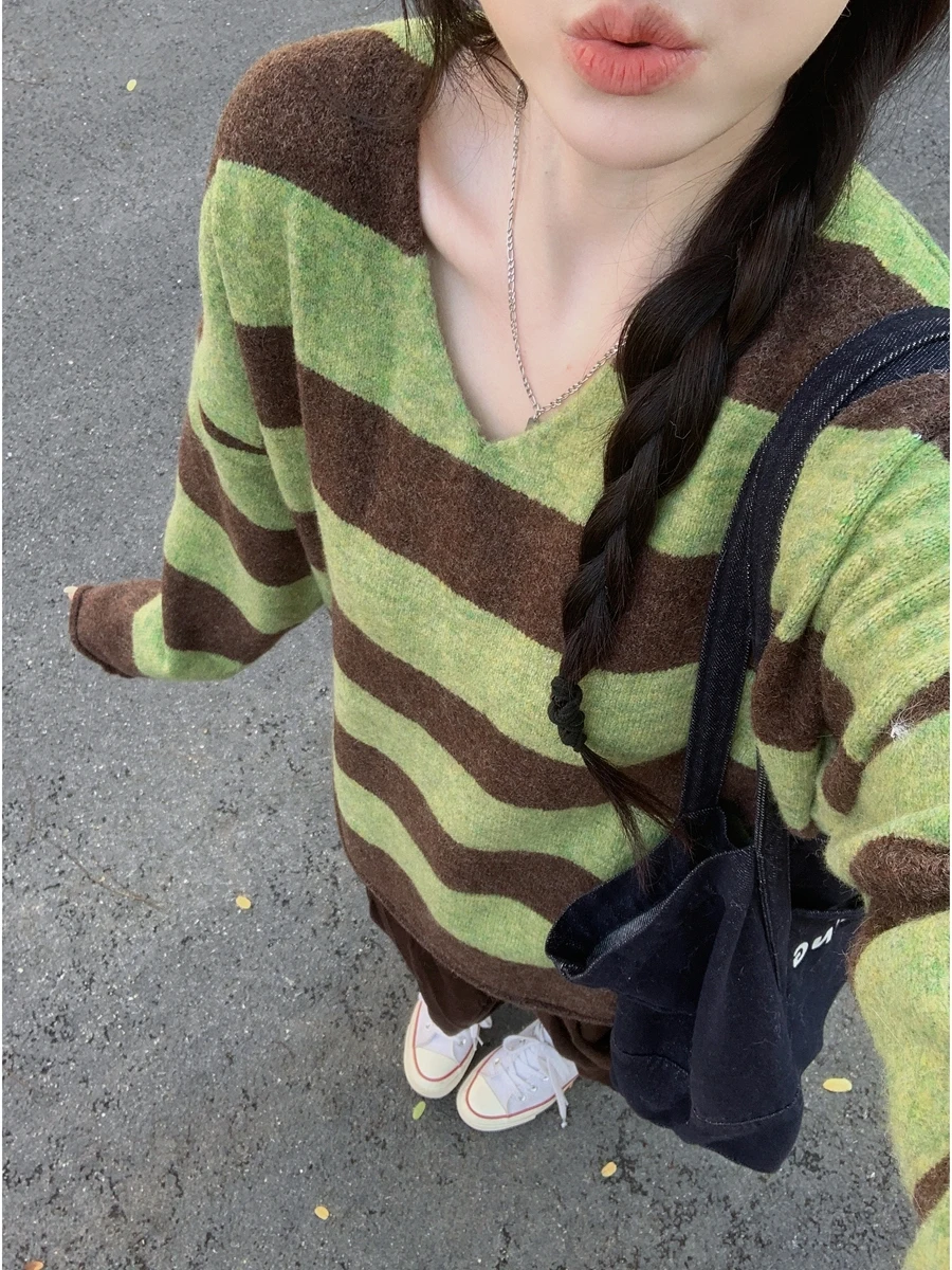 

Осень-зима, мягкий уютный женский вязаный свитер V-Ne, свободный ленивый свитер, универсальный дизайн, полосатый узор, корейский Sle Long Sve