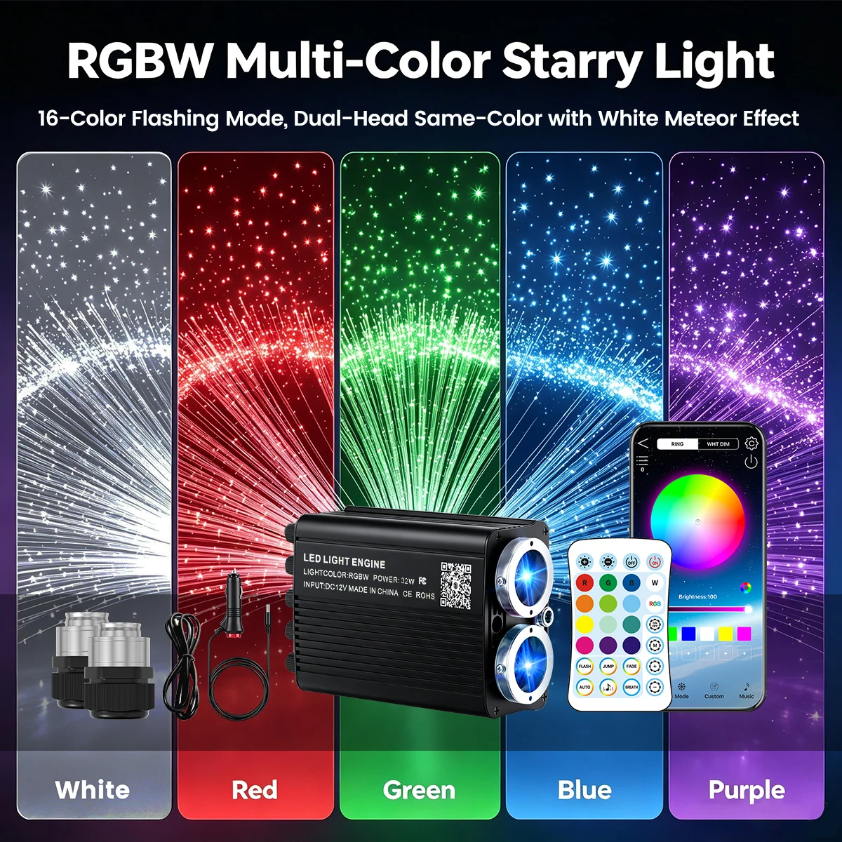 Image of 32W RGBW Glasfaser-Sternenhimmel-Deckenleuchte, Funkel- & Meteor-Effekt Sternenlicht-Set mit APP+Fernbedienung für Autodach und Heimkino, 4m langes Glasfaserkabel erhältlich, Sternenhimmel-Set