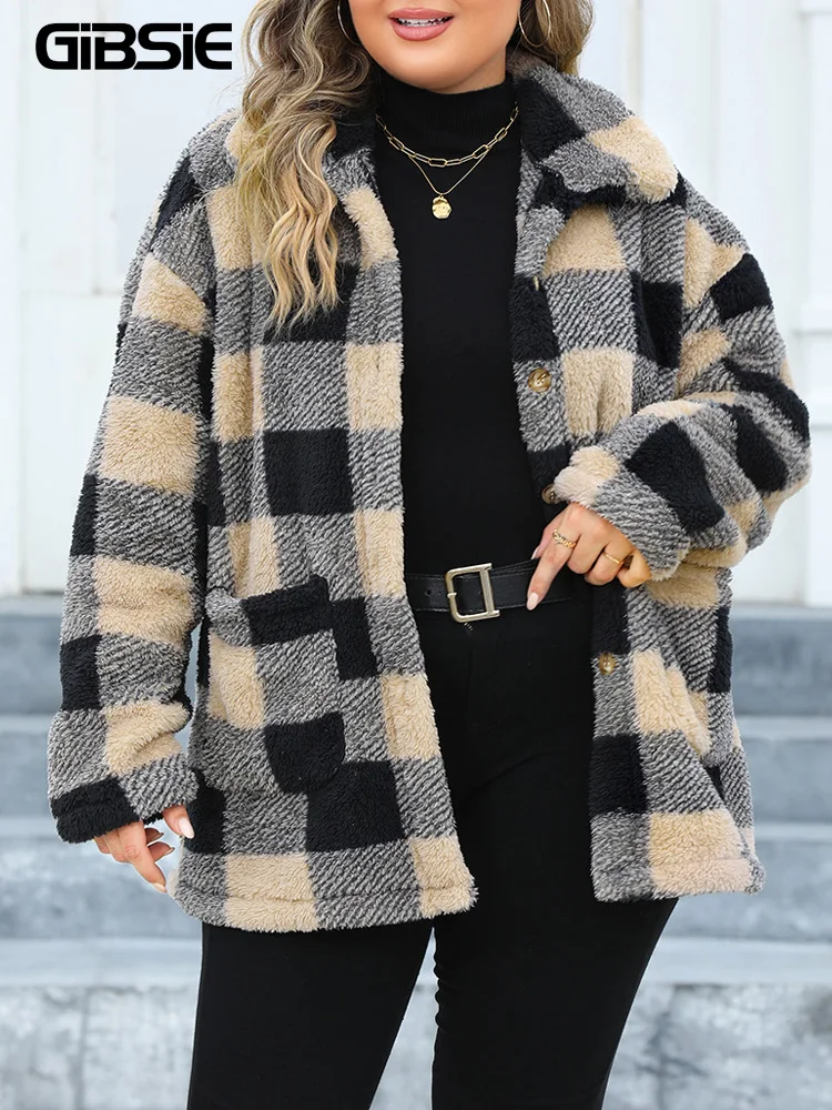 

GIBSIE Plus Size Plaid Single Breasted Winter Coat Women Vintage Pockets Long Sleeve Thickened Plush Lapel Jacket Woman New 2024