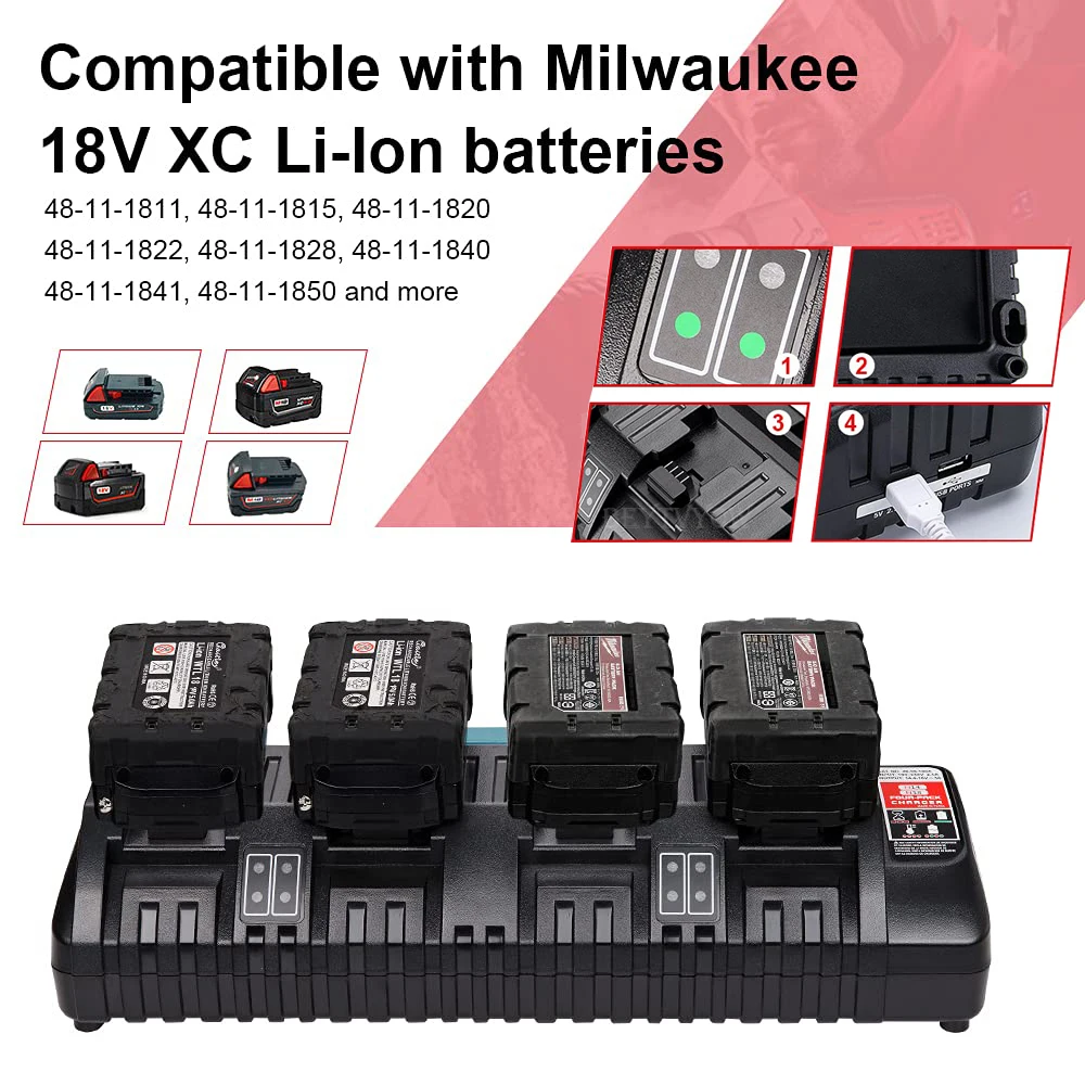 

Beytvyow Battery Charger Replacement for Milwaukee M18 14.4V-18V Li-Ion Battery 4-Ports Simultaneous Rapid Charger Station Tools