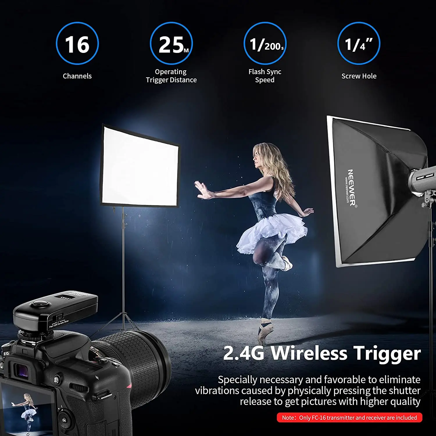 Neewer FC-16 Multi-Channel 2.4GHz 3-IN-1 Wireless Flash/Studio Flash Trigger with Remote Shutter for Canon Rebel T3 XS T4i T3i