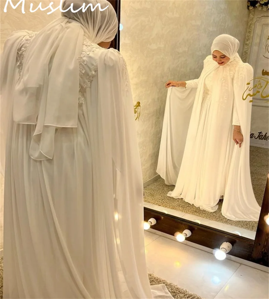 Gorgeous Muslim Turkey Wedding Dress With Cape Elegant Chiffon Boho Bride Long Sleeve Lace Bohemian Country Arabic Customized