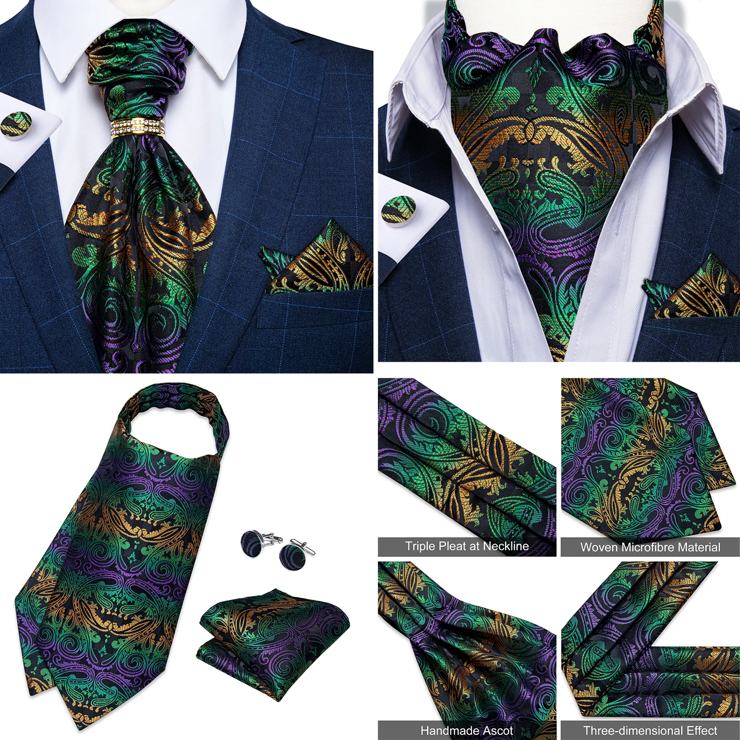 Luxury Men Green Blue Paisley Ascot Tie Set Solid Necktie Ring Wedding Party Cravat Purple Ties Pocket Sqaure Cufflink Free Ship