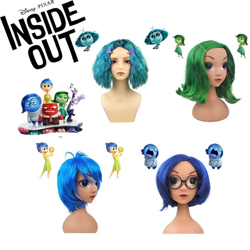 Disney Inside Out 2 Envy Disgust Joy Sadness Wig Blue Short Curly Heat Hairpiece Masquerade Cosplay Wig Cap with Water Drop Clip