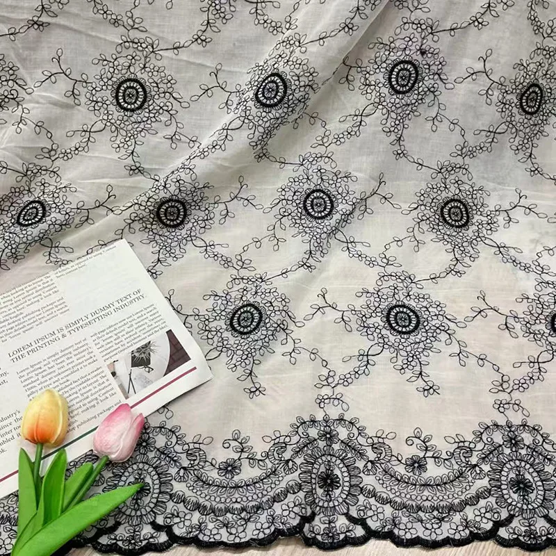

Retro black line embroidered lace floral fabric soft and breathable, suitable for designer clothing and skirts sold by the yard