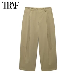 TRAF Pleated Wide Leg Pants for Women High Waist Summer Pants Woman 2024 Casual Baggy Pants Woman Holiday Beach Woman Trousers