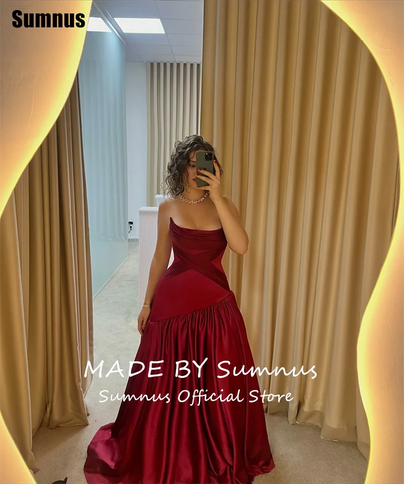 فستان Sumnus الحديث على شكل حرف A للحفلات الراقصة من الساتان الأحمر برقبة قارب ثنيات فساتين الحفلات بألوان متباينة فستان سهرة مخصص #2
