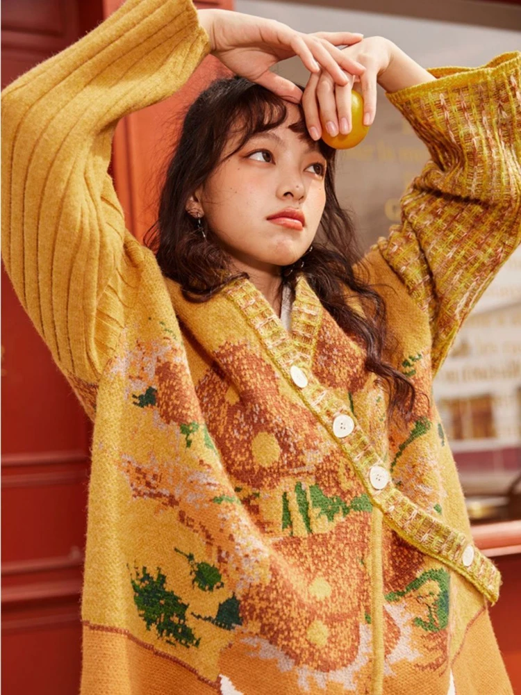 Vintage French Van Gogh Art Button Knit Cardigan Women Harajuku Patchwork Aesthetics Jackets Pullover Kawaii Sweater Coats Y2k