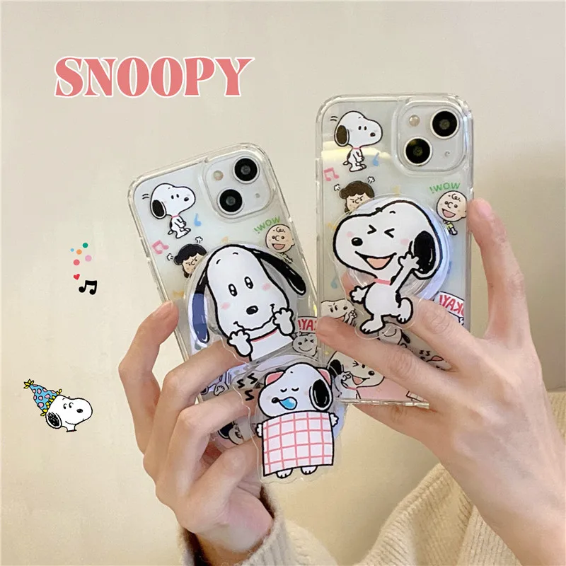 Snoopy Peanuts Woodstock Holder Phone Case For iPhone 11 12 13 14 15 16 Pro Max Music Magnetic Wireless Charging Magsafe Cover