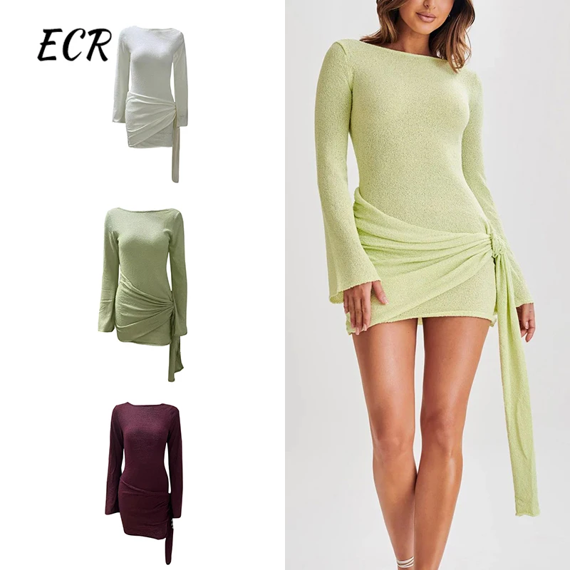 

ECR Solid Slimming Short Dresses For Women Round Neck Long Sleeve Sliced Folds Minimalist Casual Dress Female Fashion Style New