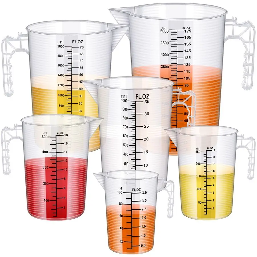 

6 Pieces Plastic Measuring Pitcher Measurment Cup 6 Sizes Mixing Pitcher Gauge Bottle Measure Containers Jug with Handle and Spo