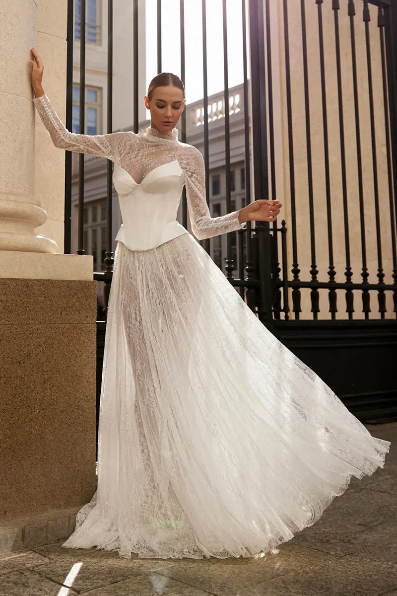 Elegant Lace Wedding Dress 2026 High Neck Long Sleeves Tight Corset Lace-up Bride Bridal Gowns Bohemian Vestidos De Noiva