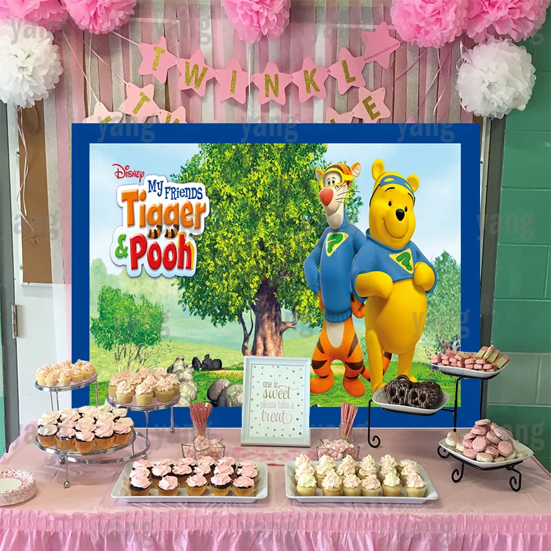 Lovely Disney Cartoon Forest Background Birthday Decoration Backdrop Party Winnie Bear Tigger Piglet Banner Custom Baby Shower