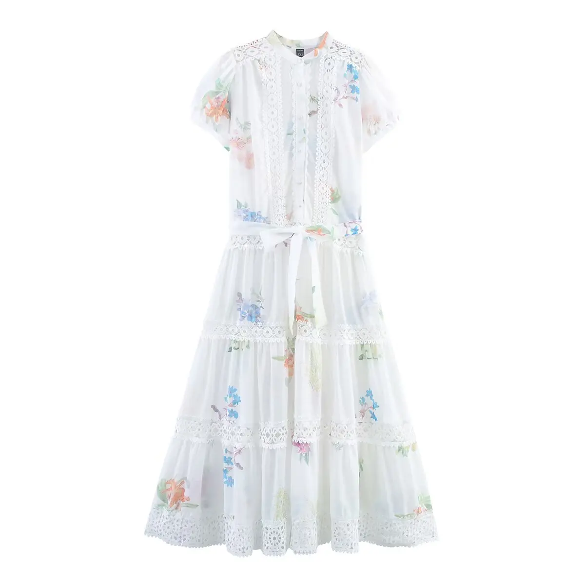 Herbst Sommer Patchwork Aushöhlen Spitze-Up Langes Kleid Mode Frauen Langarm Blumen Druck Kleid A-Line Kurzes Kleid elegante