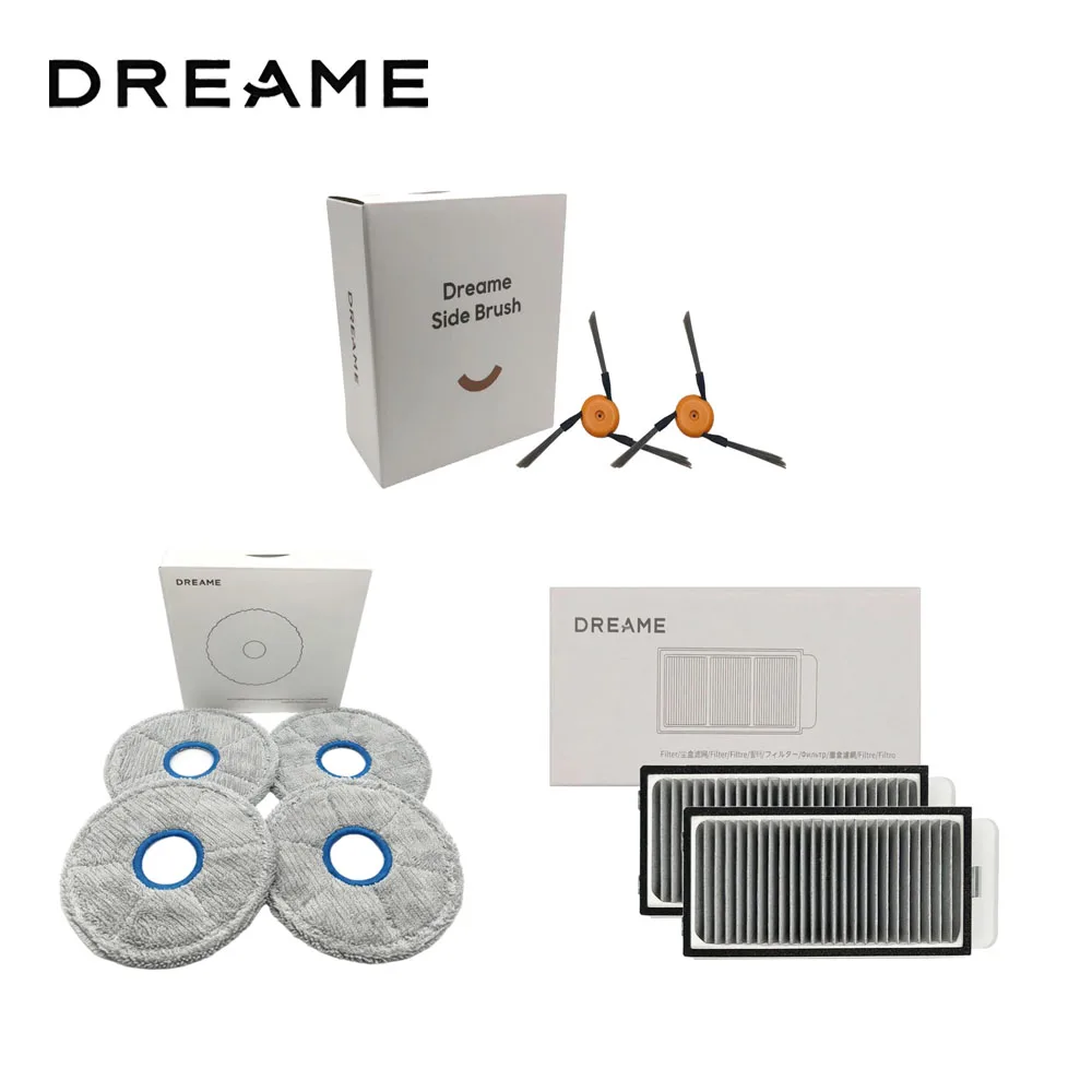 Originele Dreame L60 Pro Ultra stofzuigeraccessoires: hoofdborstel, zijborstel, HEPA-filter, dweilpads, stofzak, optionele reserveonderdelen.