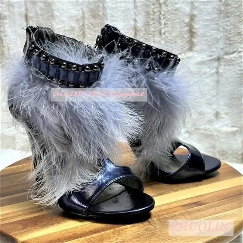 

Women'S Blue Patent Leather Fur Open Toe Shoes Round Toe Stilettos Back Zipper High Heels Fashion Roman Ball Sandals Summer 46