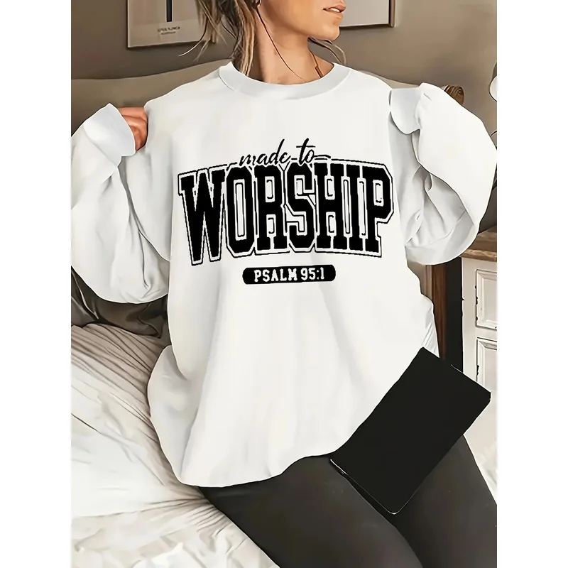 WORSHIP Print Pullover Sweatshirt, Casual Long Sleeve Crew Neck Sweatshirt For Fall & Spring, Women's Clothing