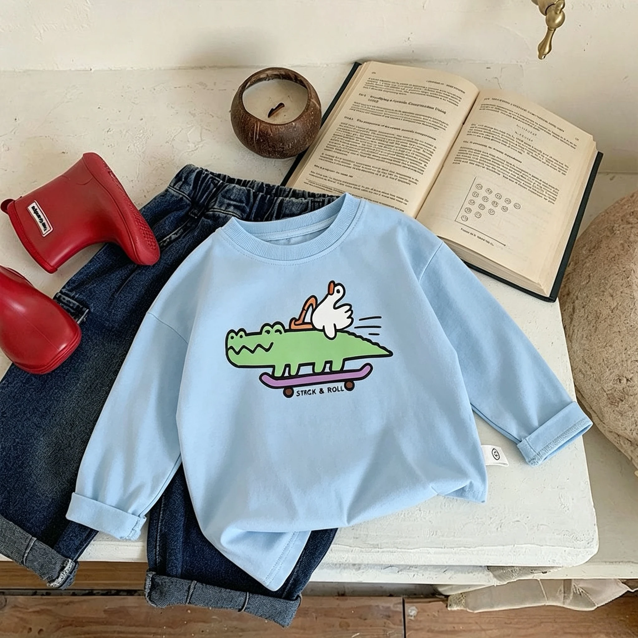 Kinderoberteile mit Cartoon-Print, modische, beliebte Langarm-T-Shirts für Kinder, Frühlings- und Herbstkleidung, schlichtes, lässiges Kinder-Basis-Shirt – Detail 6