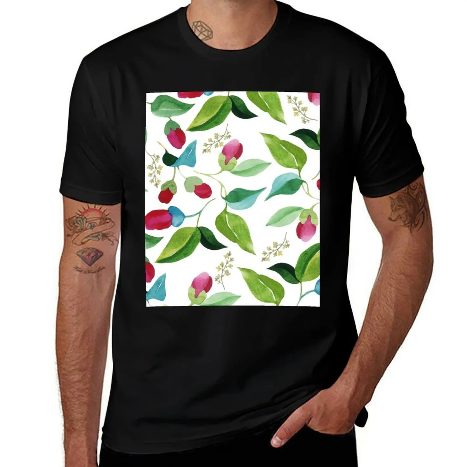 Hand painted red pink green watercolor floral pattern T-Shirt Summer Holiday Casual Tee T-Shirt