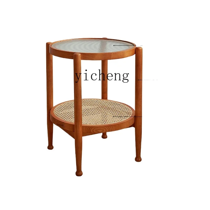 Tqh Solid Wood Rattan Woven Tea Table Living Room Sofa Side Table Combination Bedside Double-Layer Net Red Small Table