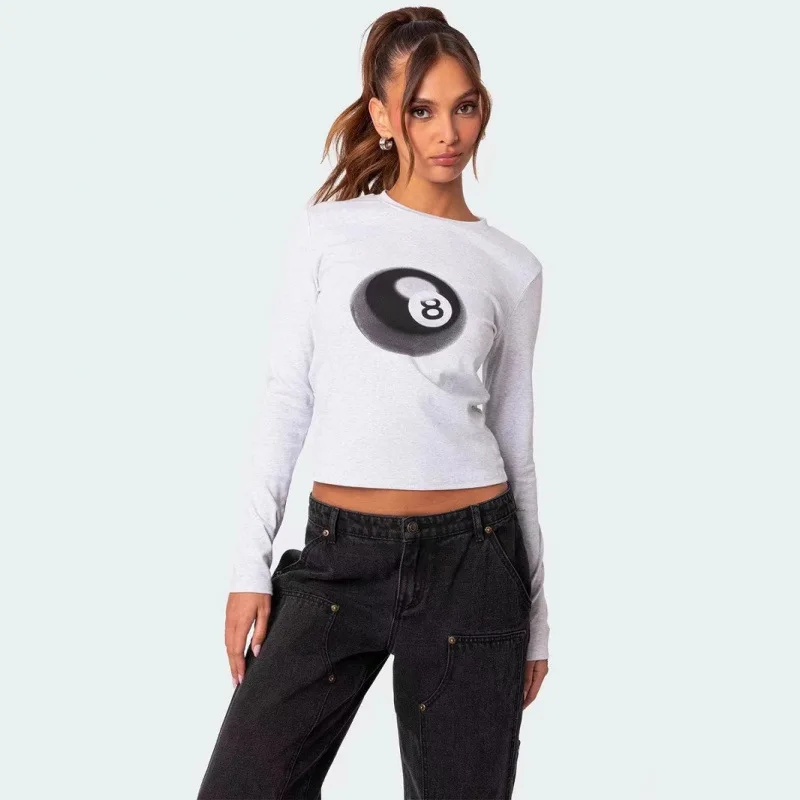 

Magic 8 T-irt New Sle Heat Transfer American Retro Sexy ort Sve Women's Tight Fit Long Sve round Ne Cotton Top