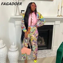 FAGADOER Fall Winter Tracksuits African Retro Print Long Sleeve Button Shirt And Long Pants Two Piece Set Women Matching Outfits