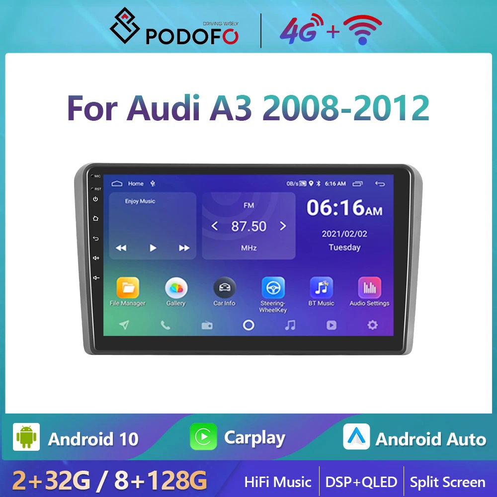 

Podofo Android 10 DSP Car Radio Multimidia Video Player Navigation GPS For Audi A3 2008-2012 2din 4G WIFI Carplay Head Unit