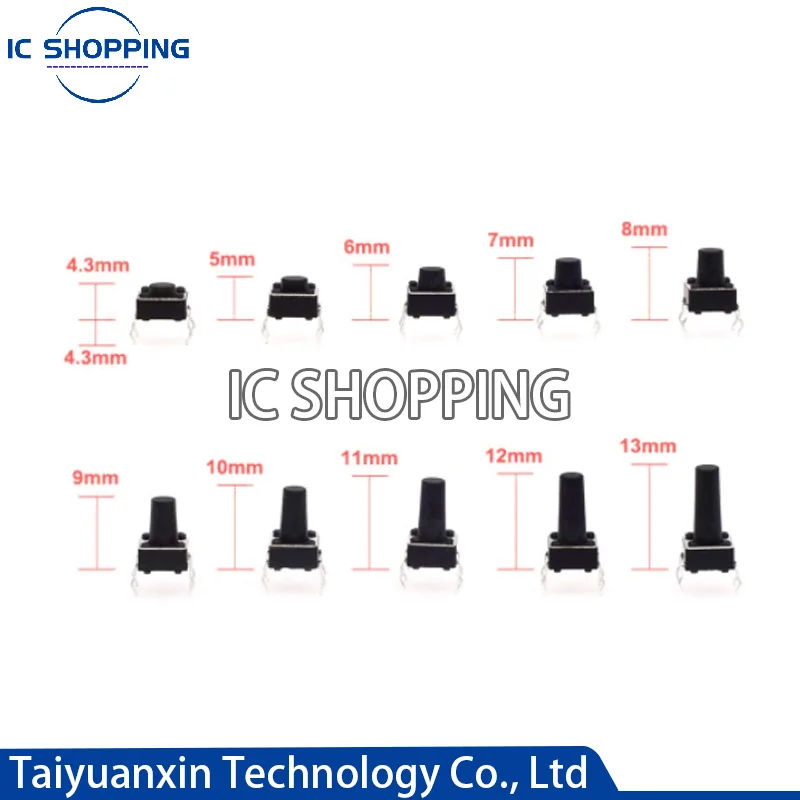 100Pcs 6X6X5/4.3/5.5/6/7/8/9/10/13MM Tact Switch Push Button Switch 12V Copper 4PIN DIP Micro Switch for TV/Toys/home Use Button