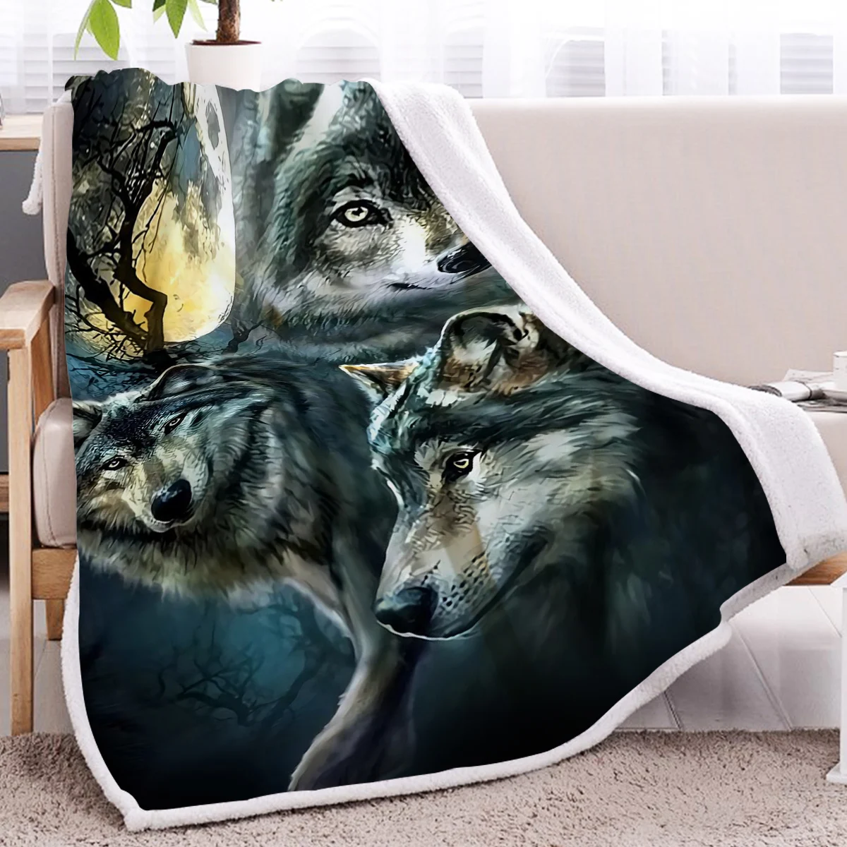 

BlessLiving 3D Moon Wolf Sherpa Fleece Blanket Wild Animals Dreamcatcher Theme Blanket Super Soft Warm Portable For Home Travel