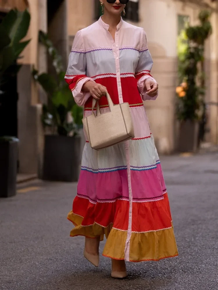 Yeezzi 2025 New Women's Colorful Striped Stand Collar Shirts Dress Puff Sleeves Wave Trim Elegant Party Evening Maxi Dresses