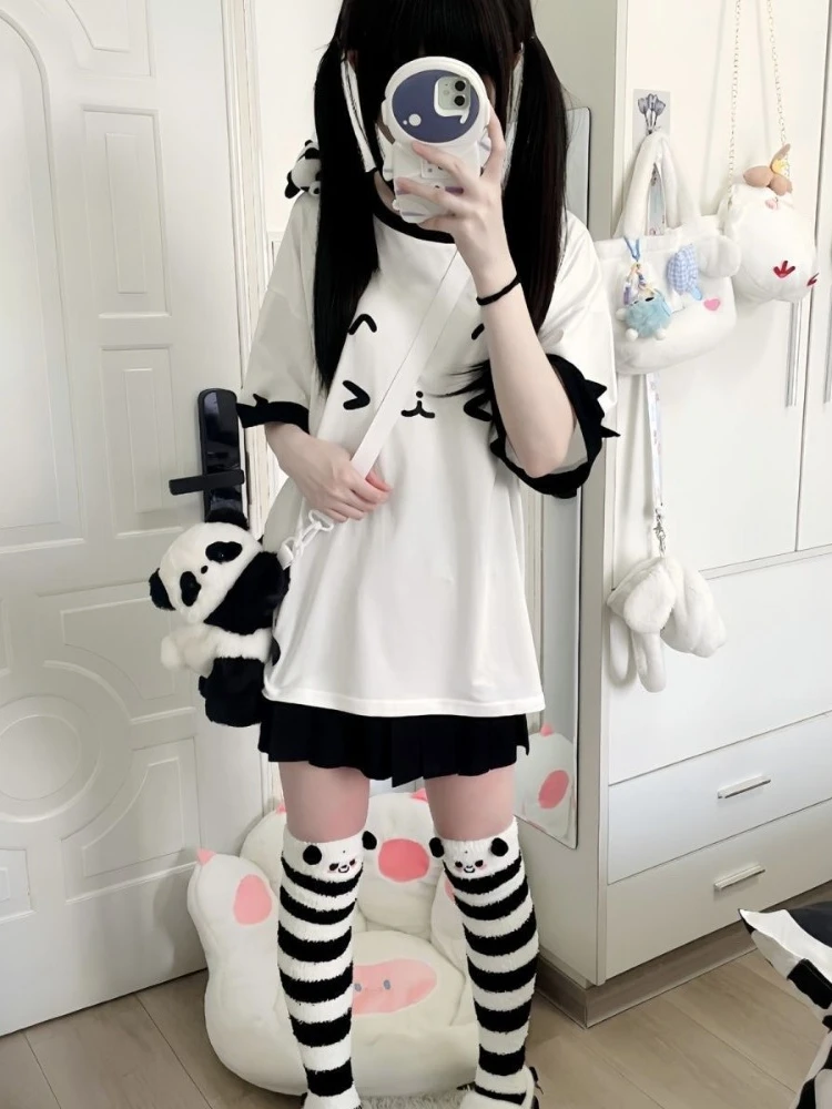 Houzhou Kawaii süße Patchwork T-Shirts Frauen japanische Mode Y2k Harajuku niedlichen Katze Cartoon Druck lose T-Shirts Tops weichen Grill