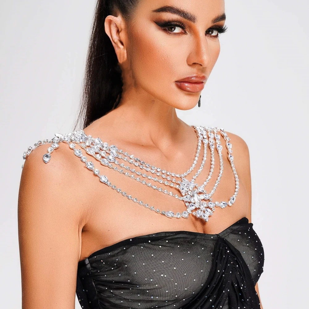 2024 New Luxury Exaggerated Multi Layer Shoulder Chain for Women Bride Rhinestone Shoulder Body Jewelry Accessories Wedding