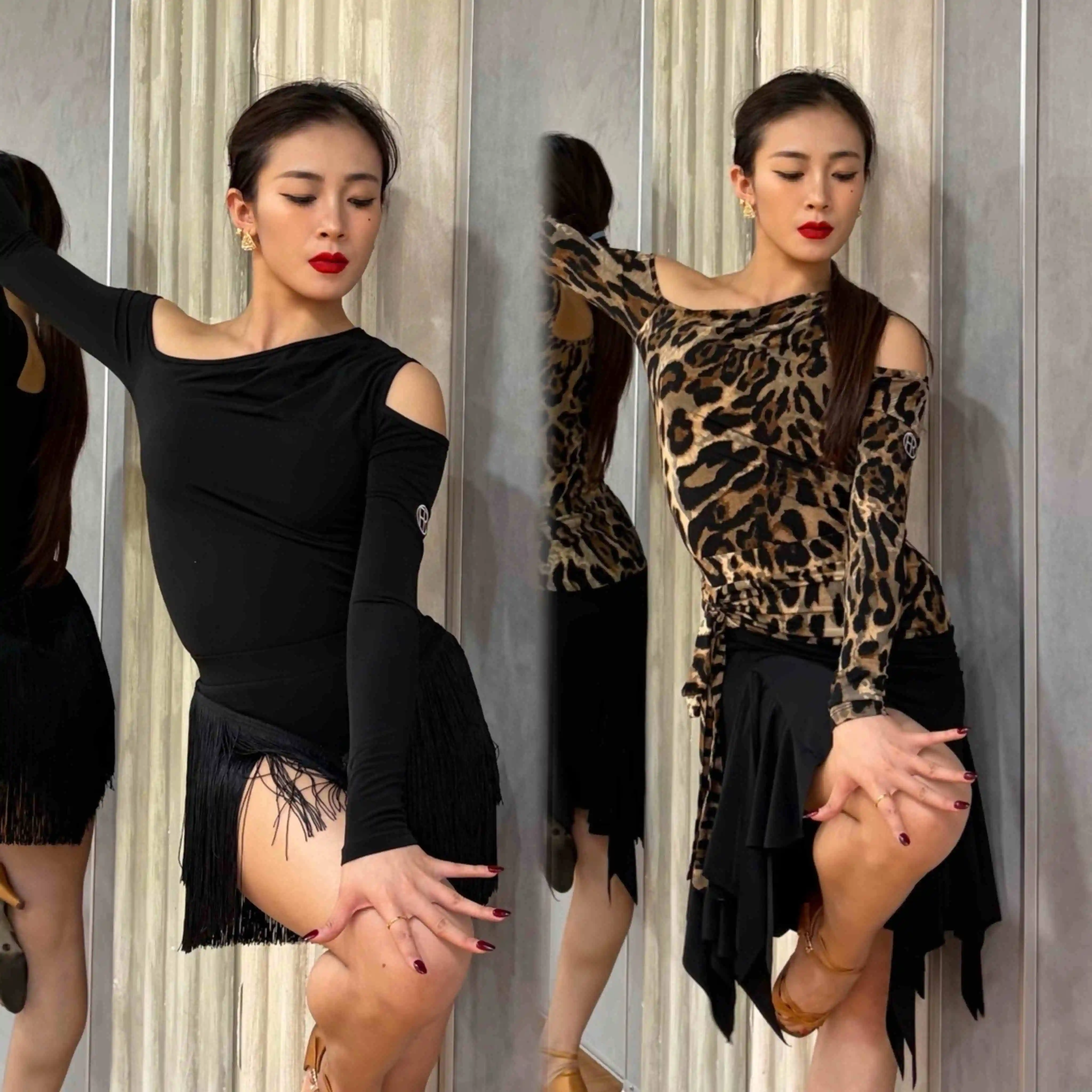 

Женская одежда для латинских танцев, топы с длинными рукавами, юбка нестандартной формы, одежда для танцев ча-ча-ча, румба, черные платья для взрослых, DNV26137