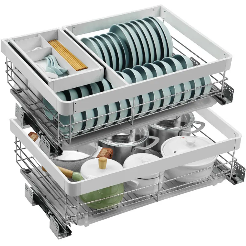 

Kitchen Cabinet 304 Stainless Steel Drawer Rack Double Layer White Dish Basket Drawing Basket