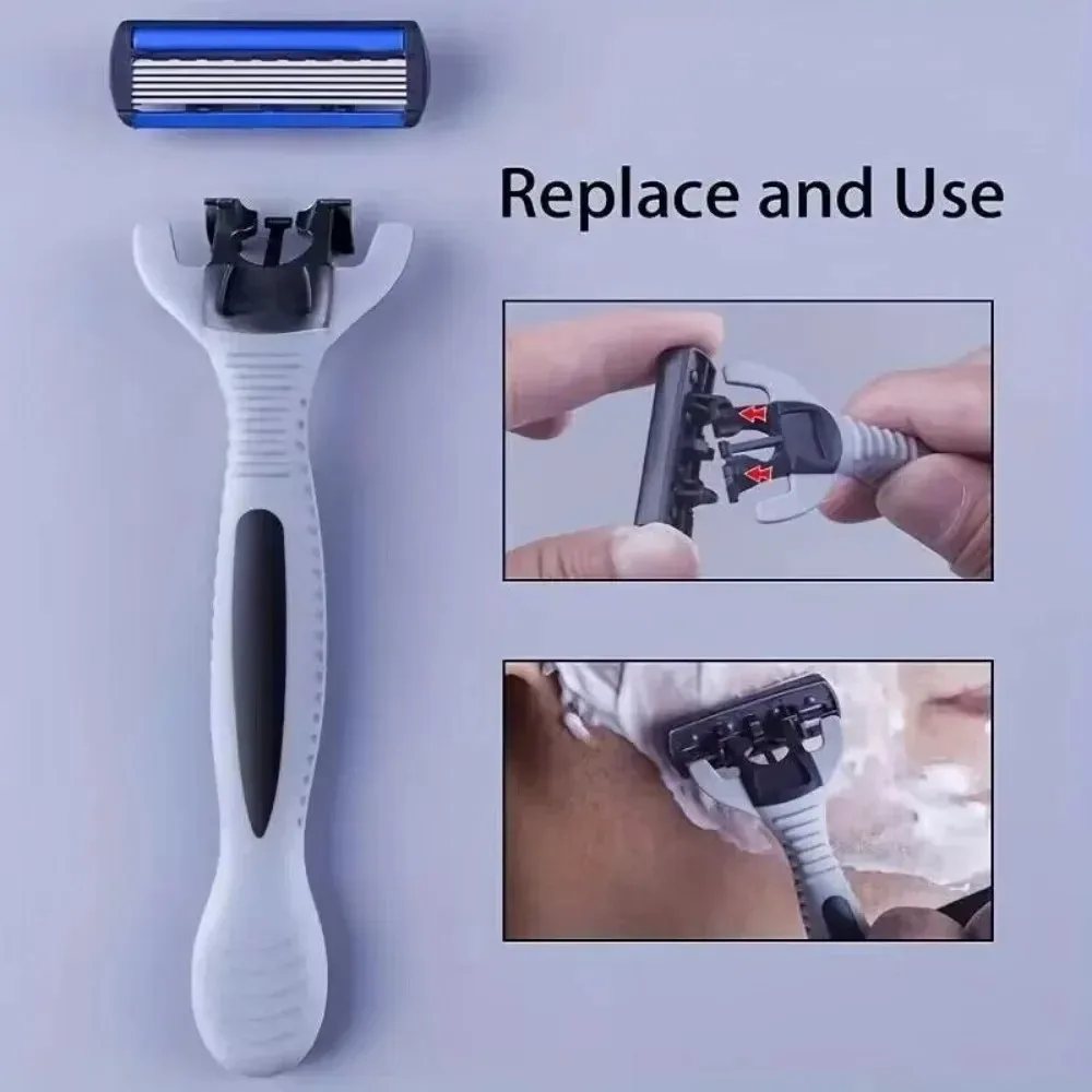 ماكينة حلاقة يدوية آمنة للرجال مكونة من 6 طبقات من الفولاذ المقاوم للصدأ لإزالة الشعر، أدوات ماكينة حلاقة قابلة للاستبدال #6