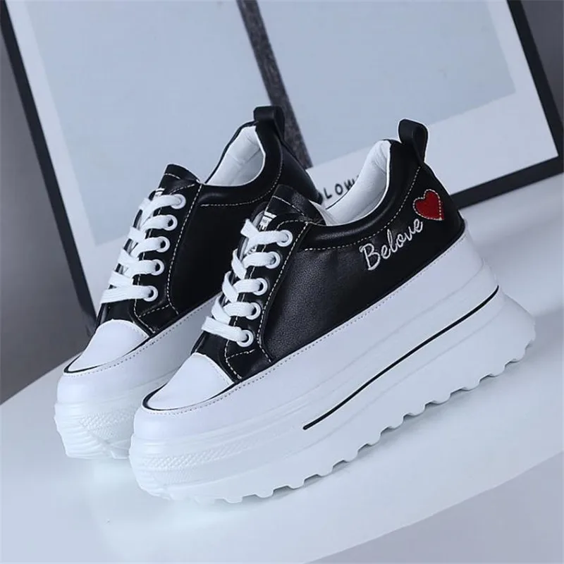 spring autumn Women High Platform Shoes 9CM Comfortable Chunky Sneakers Breathable Leather Wedges Casual Sport  Walking shoes