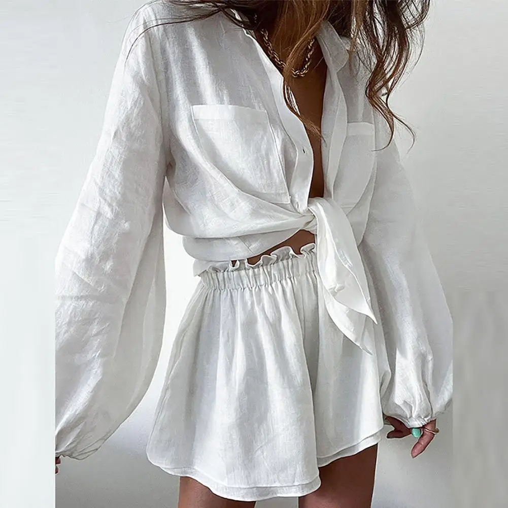 Ladies Casual Suit Solid Color High Waist Shorts Shirt Two Piece Set Summer Women Outfit Long Sleeve Blouse Wide Leg Shorts