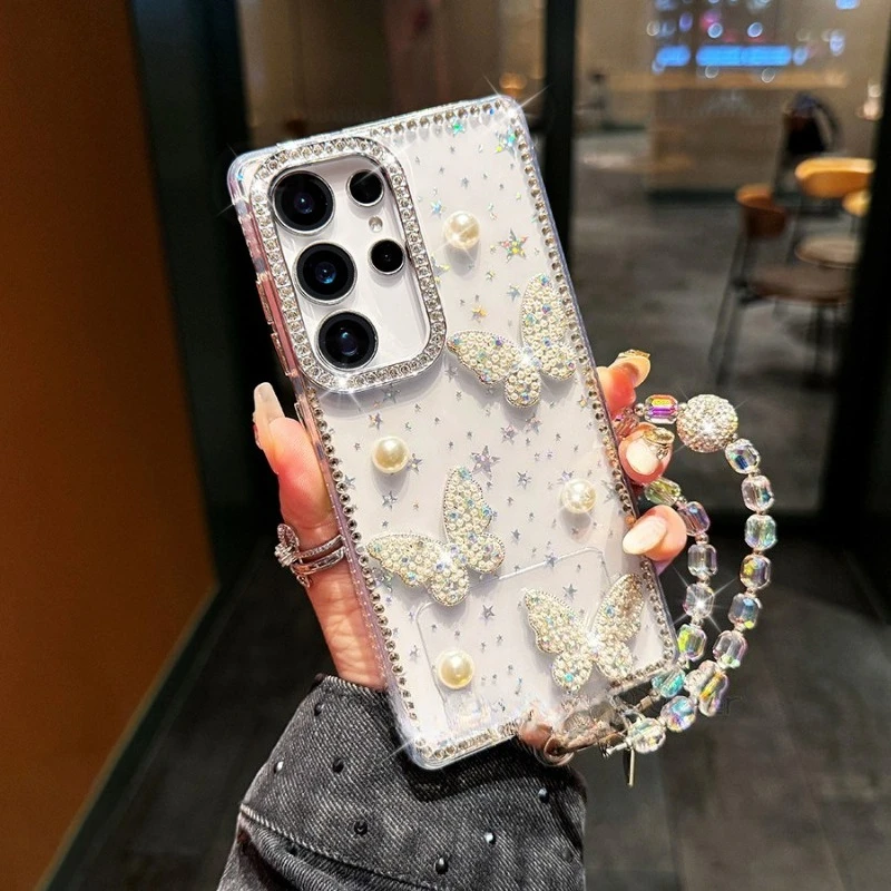 Applicable for Samsung Galaxy S25Ultra three-dimensional diamond-encrusted pearl butterfly phone for S24Plus glitter new model