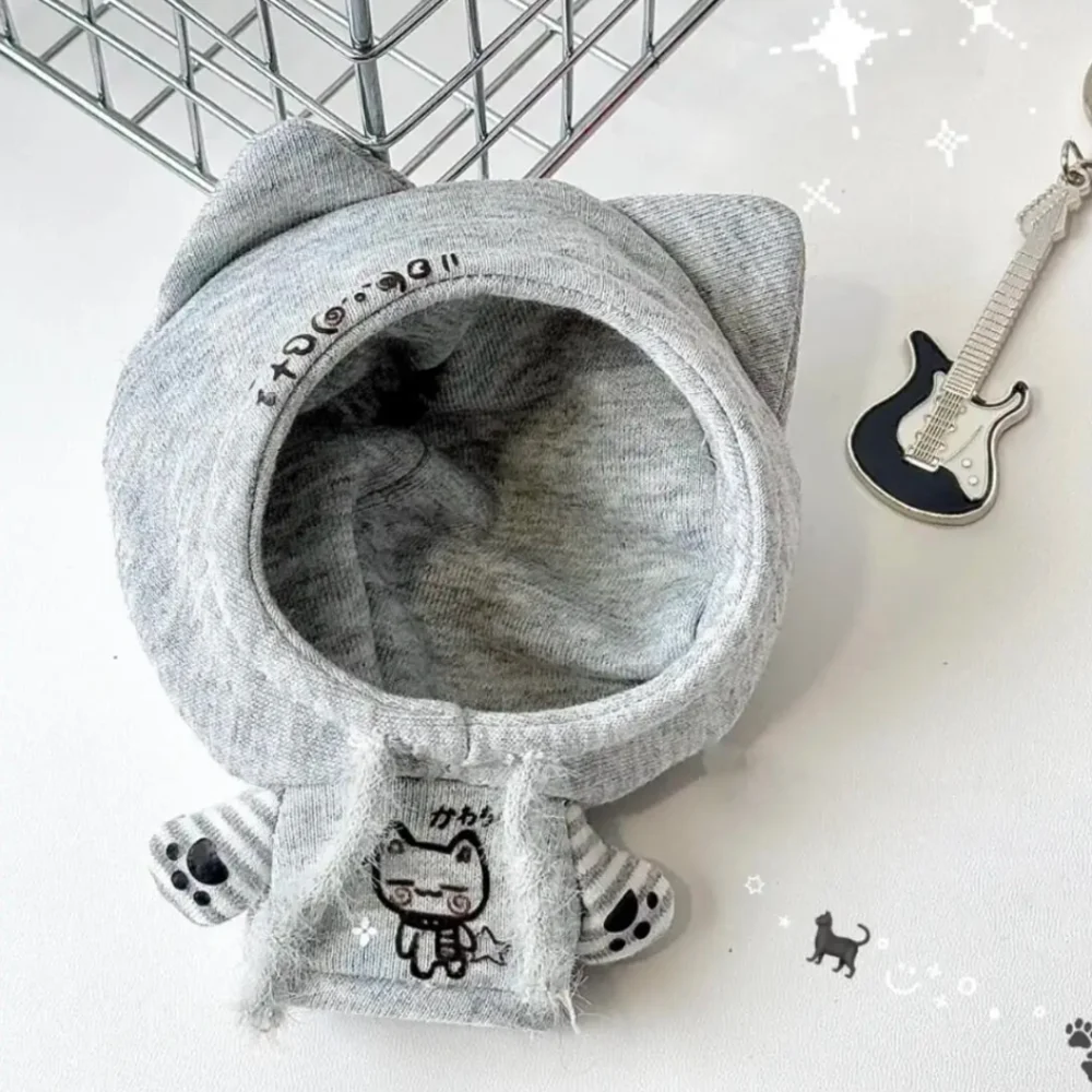 Cat Ear Hoodie for 10cm Idol Cotton Doll Lovely Kitten Pattern Doll Clothes Grey Cartoon Star Doll Clothing Gifts for Fans