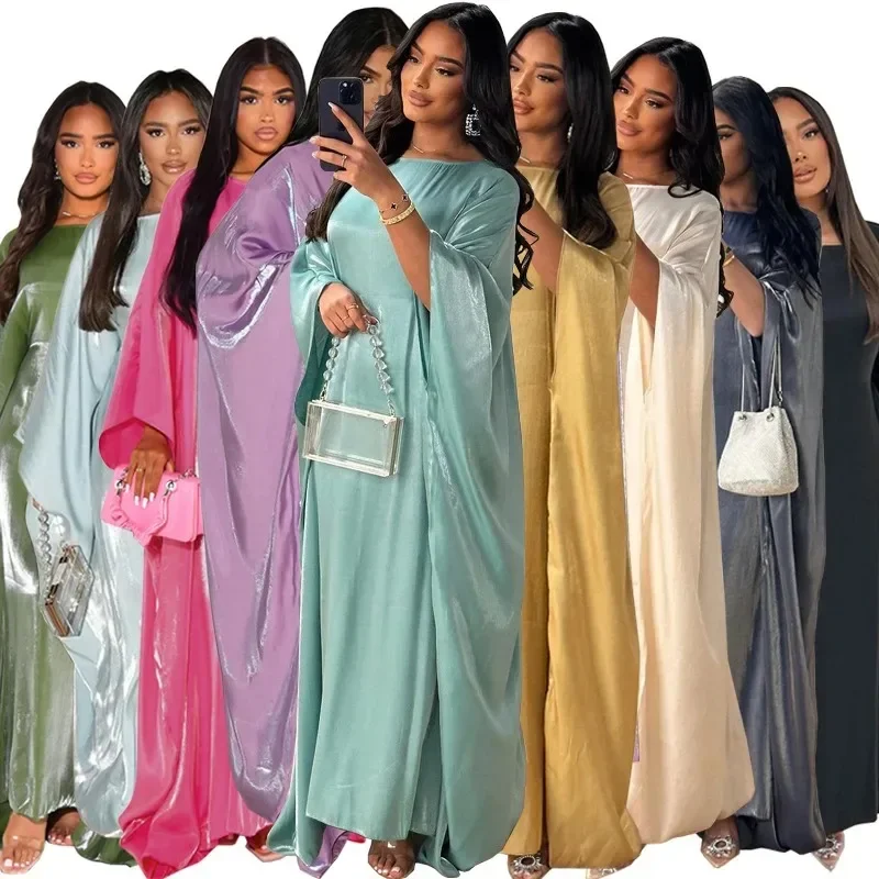 Ramadan Satin Abaya Islam Muslimischen Sommer Batwing Hülse Maxi Kleid Kebaya Abayas Für Frauen Kaftan Robe Musulmane Femme Vestidos