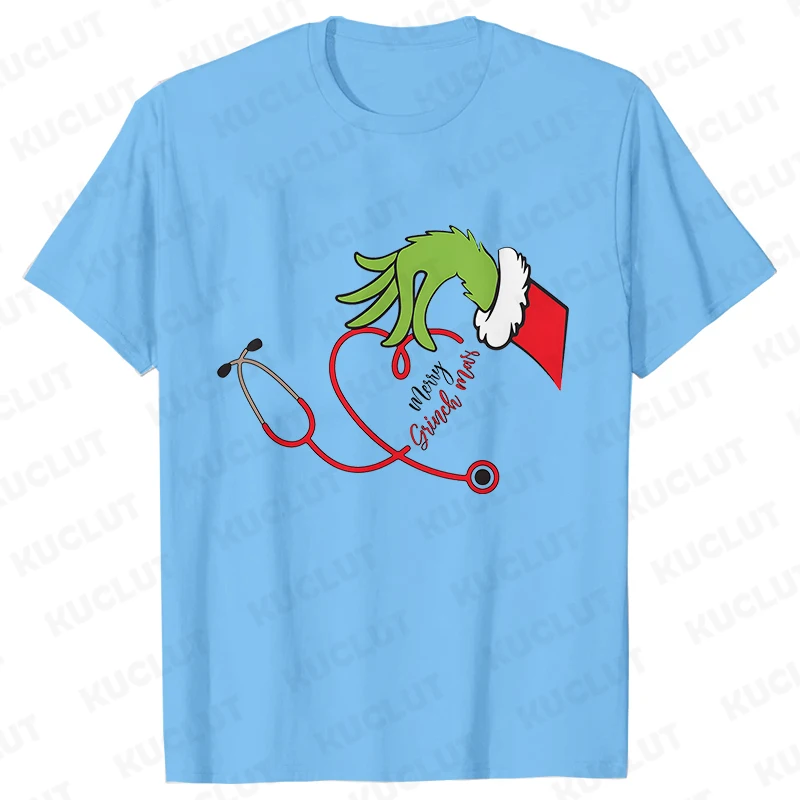 Merry Grinchmas T-Shirt for Women Funny Stethoscope Graphic Tops for Doctor Nursing Gift Xmas Short Sleeve Tees Female Clothing