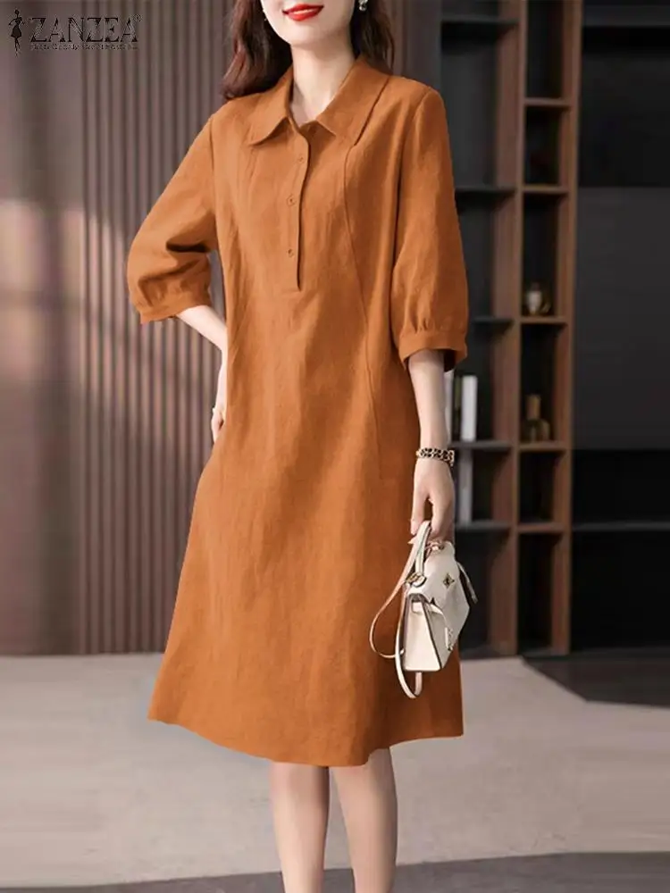 ZANZEA 2024 Summer Lantern 3/4 Sleeve Midi Dress Women Lapel Neck Shirt Dress Casual Loose Buttons Robes Korean Fashion Vestidos