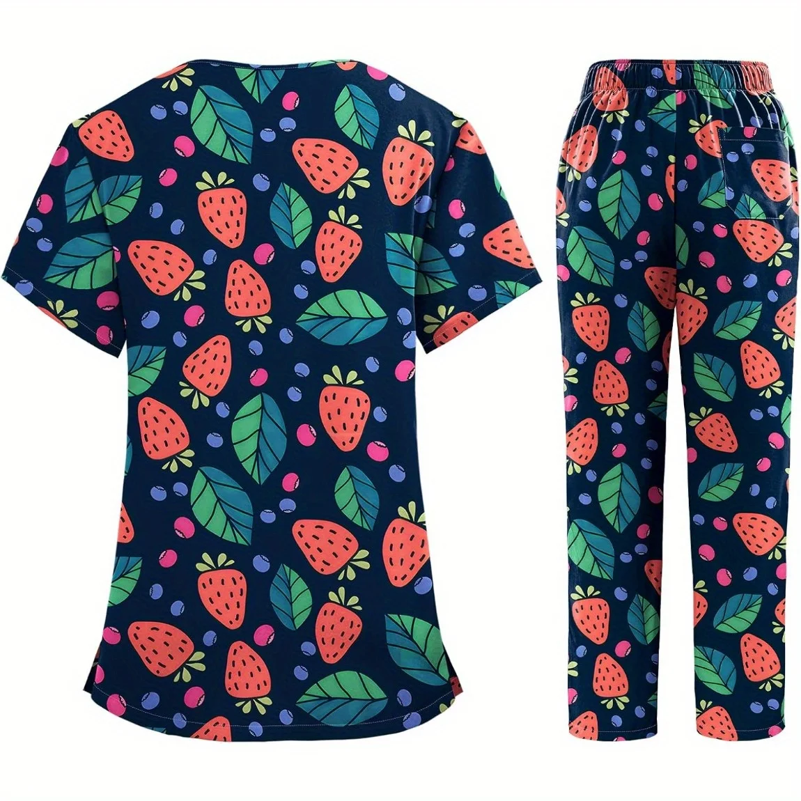 Printed Scrubs for Women Set - V-Neck Top and Pants with Pockets Nurse Uniform Comfortable Workwear