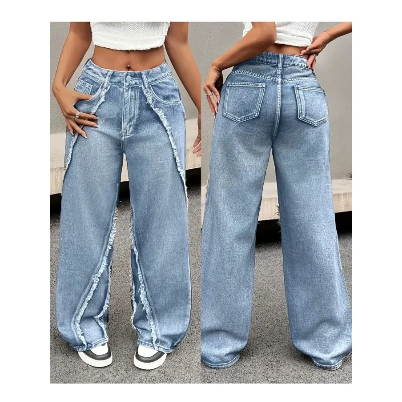 Light Wash Side Frayed Seam Wide Leg Denim Jeans Women High Waist Raw Trim Y2K European Street Fashion Bottoms