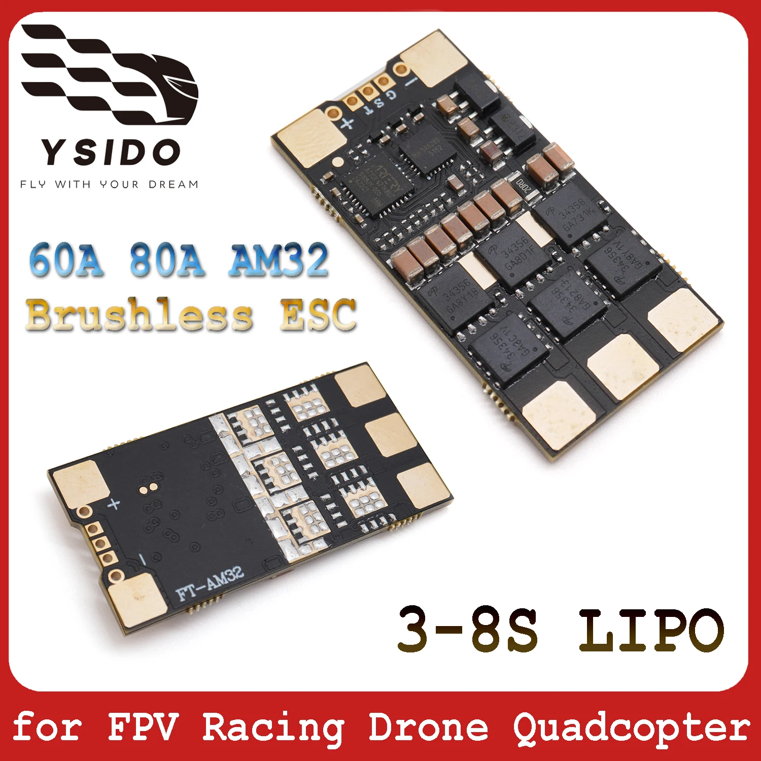 

Бесколлекторный регулятор скорости YSIDO AM32 60A 80A (ESC) 3-8S Lipo для радиоуправляемых FPV-дронов, квадрокоптеров и моделей. Аксессуары для тюнинга.