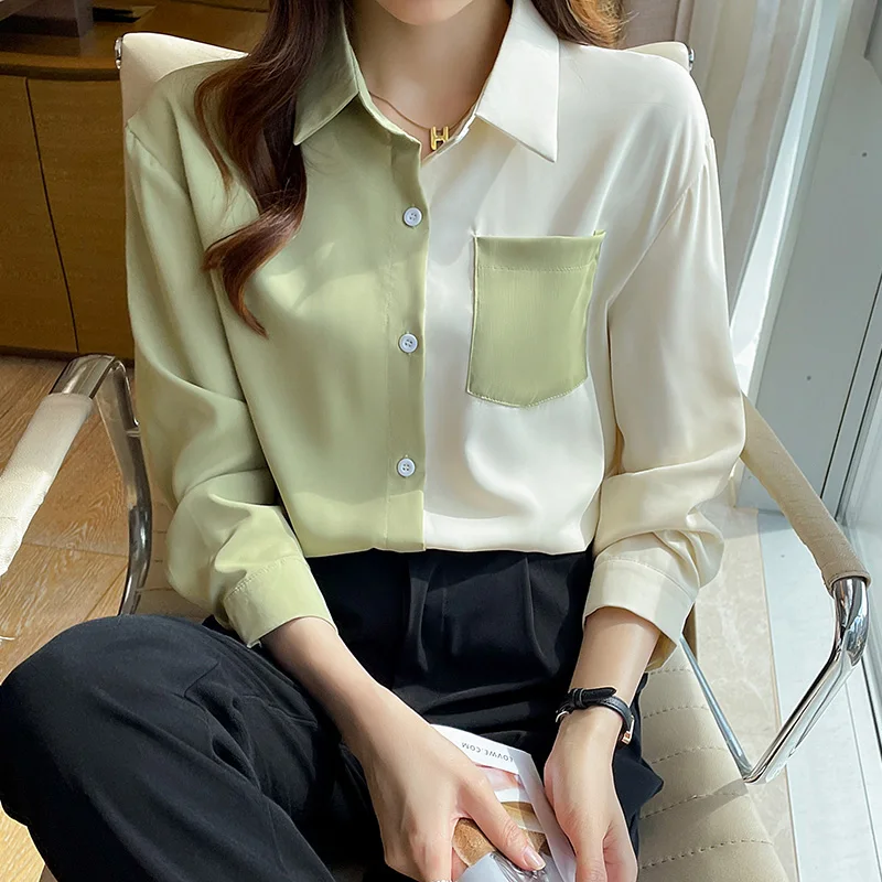 Women Spring Simplicity Loose Fashion Color Blocking Turn-down Collar Long Sleeve Shirts Women Clothes Casual All-match Tops