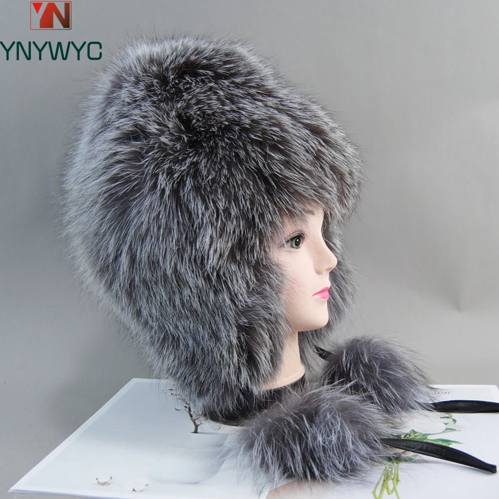 

Lady Russian Winter Thick Warm Fashion Caps Silver Fox Fur Hats Natural Fox Fur Hats for Women Real Fur Beanies Cap Knitted Hats