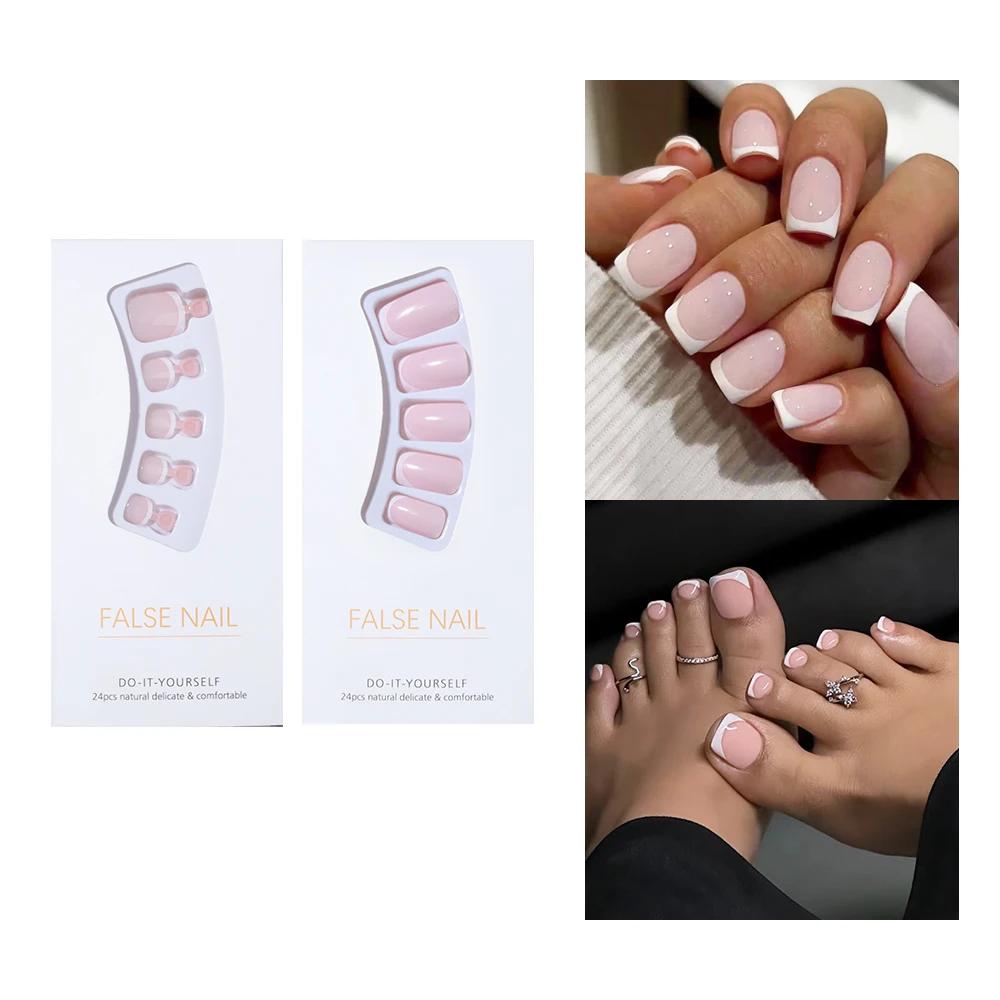 2box (48pcs) short false nails white French square nails a set of hands and feet,simple design,all cover press-on nails reusable